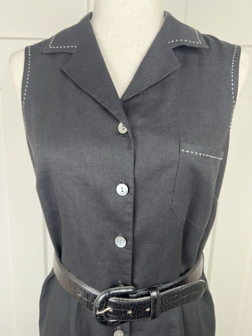 Vintage Harold’s Linen Shirt Dress Black Ivory Stitch Belted Midi Size 6 Sleek - Picture 2 of 16
